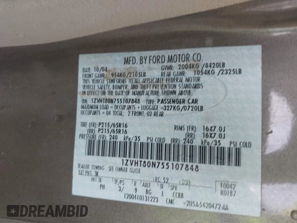 ✅ 2005 Ford Mustang Deluxe • VIN: 1ZVHT80N755107848 • Lot: 43667529. Listed on IAAI with 189,380 mi. Free auction sales archive from the USA and detailed vehicle history report at DreamBid. Image 9.