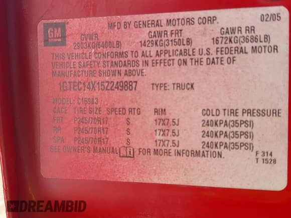2005 GMC Sierra 1500 Work Truck with VIN 1GTEC14X15Z249887, listed as a IAAI auction lot 43531106 with 257,415 mi miles and . Bid and sale history available at DreamBid. Image 9.