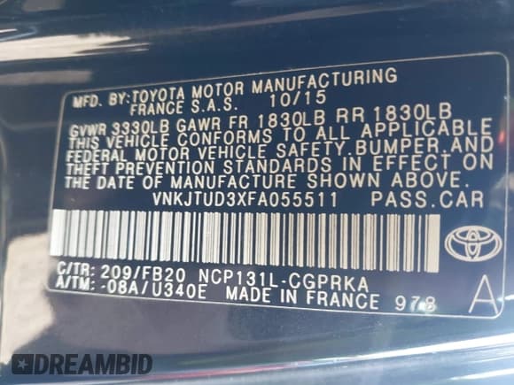 ✅ 2015 Toyota Yaris L • VIN: VNKJTUD3XFA055511 • Лот: 42951901. Опубликован ранее на IAAI с пробегом 93 476 миль. Бесплатный доступ к архиву аукционных продаж из США и подробный отчёт об истории автомобиля на DreamBid. Изображение 9.