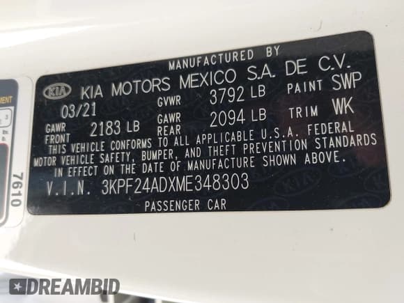 ✅ 2021 Kia Forte LXS • VIN: 3KPF24ADXME348303 • Лот: 42082884. Опубликован ранее на IAAI с пробегом 102 754 миль. Бесплатный доступ к архиву аукционных продаж из США и подробный отчёт об истории автомобиля на DreamBid. Изображение 9.