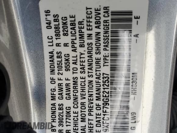 ✅ 2016 Honda Civic EX-L • VIN: 19XFC1F79GE212537 • Lot: 89590725. Wystawiony na Copart z przebiegiem 90 122 mil. Bezpłatny archiwum sprzedaży aukcyjnych z USA i szczegółowy raport historii pojazdu na DreamBid. Zdjęcie 12.