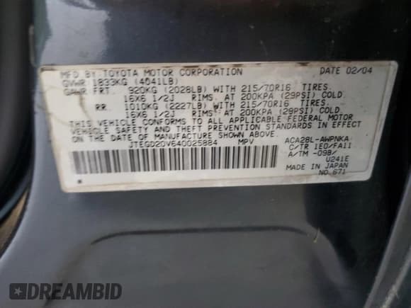 ✅ 2004 Toyota RAV4 • VIN: JTEGD20V640025884 • Lot: 83817195. Listed on Copart with 171,460 mi. Free auction sales archive from the USA and detailed vehicle history report at DreamBid. Image 13.