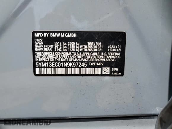 ✅ 2022 BMW X3 M • VIN: 5YM13EC01N9K97245 • Lot: 69735725. Listed on Copart with Not provided. Free auction sales archive from the USA and detailed vehicle history report at DreamBid. Image 13.