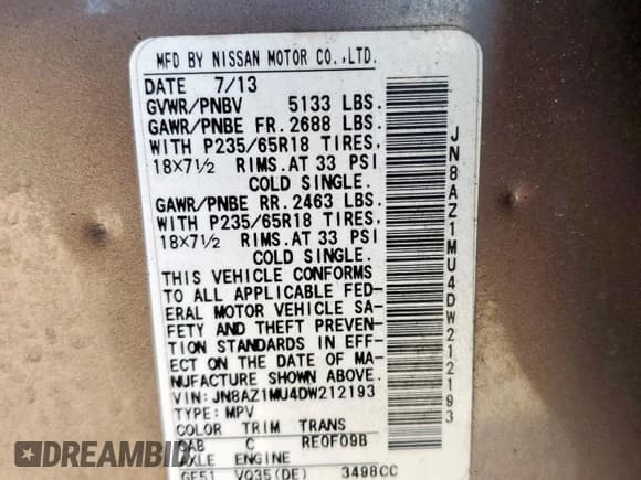 ✅ 2013 Nissan Murano SL • VIN: JN8AZ1MU4DW212193 • Lot: 85682065. Listed on Copart with Not provided. Free auction sales archive from the USA and detailed vehicle history report at DreamBid. Image 14.