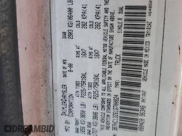 2001 Dodge 1500 с VIN 3B7HC13Z61G700824, выставлен на аукционе Copart как лот 85217734 с пробегом 269 848 миль миль и Списание • Salvage title. История ставок и продаж доступна на DreamBid. Изображение 13.