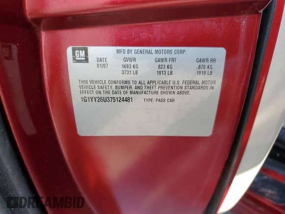 2007 Chevrolet Corvette with VIN 1G1YY26U375124481, listed as a Copart auction lot 61245874 with 68,312 mi miles and Salvage title. Bid and sale history available at DreamBid. Image 14.