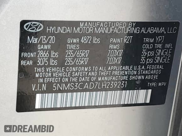 2020 Hyundai Santa Fe SEL z VIN 5NMS3CAD7LH239231, wystawiony jako Copart lot #70031602 z przebiegiem 22 025 mil mil oraz . Historia ofert i sprzedaży dostępna na DreamBid. Obrazek 13.