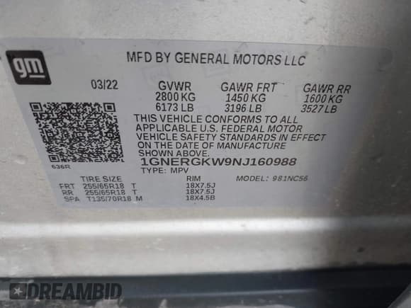 ✅ 2022 Chevrolet Traverse LT Cloth • VIN: 1GNERGKW9NJ160988 • Lot: 42379091. Listed on IAAI with 57,689 mi. Free auction sales archive from the USA and detailed vehicle history report at DreamBid. Image 9.