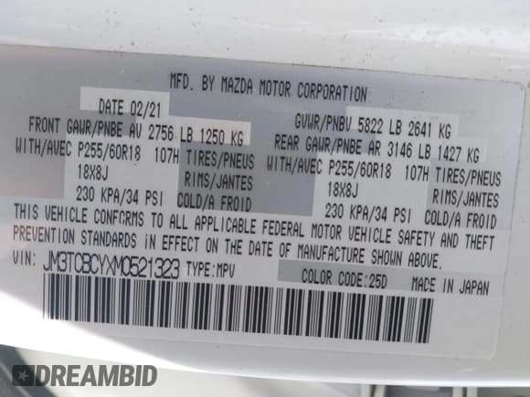 ✅ 2021 Mazda CX-9 Touring • VIN: JM3TCBCYXM0521323 • Lot: 42190976. Listed on IAAI with 56,652 mi. Free auction sales archive from the USA and detailed vehicle history report at DreamBid. Image 9.