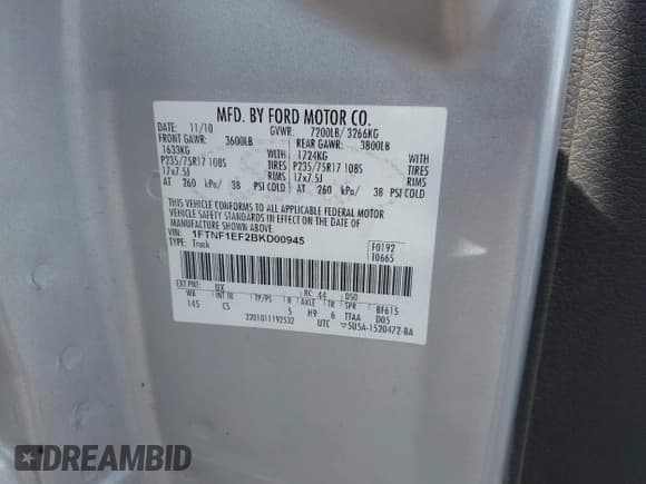 ✅ 2011 Ford F-150 XL • VIN: 1FTNF1EF2BKD00945 • Lot: 42195954. Listed on IAAI with 203,566 mi. Free auction sales archive from the USA and detailed vehicle history report at DreamBid. Image 9.