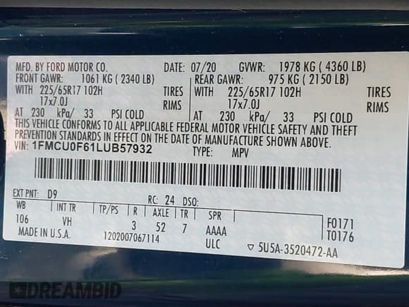 ✅ 2020 Ford Escape S • VIN: 1FMCU0F61LUB57932 • Лот: 43835699. Опубликован ранее на IAAI с пробегом 14 033 миль. Бесплатный доступ к архиву аукционных продаж из США и подробный отчёт об истории автомобиля на DreamBid. Изображение 9.