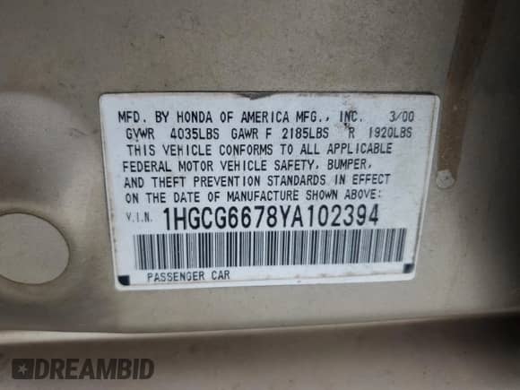 2000 Honda Accord EX с VIN 1HGCG6678YA102394, выставлен на аукционе Copart как лот 71476685 с пробегом 231 614 миль миль и Списание • Salvage title. История ставок и продаж доступна на DreamBid. Изображение 12.