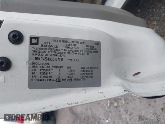 ✅ 2008 Chevrolet Uplander LS • VIN: 1GNDV23138D137643 • Лот: 43777764. Опубликован ранее на IAAI с пробегом 219 568 миль. Бесплатный доступ к архиву аукционных продаж из США и подробный отчёт об истории автомобиля на DreamBid. Изображение 9.