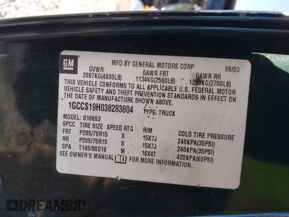 ✅ 2003 Chevrolet S-10 • VIN: 1GCCS19H038283804 • Лот: 42018334. Опубликован ранее на IAAI с пробегом 171 940 миль. Бесплатный доступ к архиву аукционных продаж из США и подробный отчёт об истории автомобиля на DreamBid. Изображение 9.