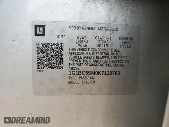 ✅ 2019 Chevrolet Cruze LS • VIN: 1G1BC5SM0K7138783 • Lot: 84916275. Listed on Copart with 145,810 mi. Free auction sales archive from the USA and detailed vehicle history report at DreamBid. Image 12.