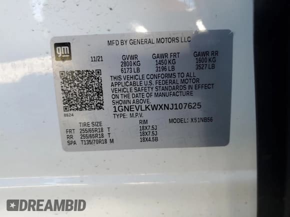 ✅ 2022 Chevrolet Traverse LS • VIN: 1GNEVLKWXNJ107625 • Лот: 42544375. Опубликован ранее на Copart с пробегом 46 280 миль. Бесплатный доступ к архиву аукционных продаж из США и подробный отчёт об истории автомобиля на DreamBid. Изображение 13.