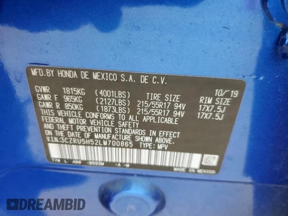 ✅ 2020 Honda HR-V EX • VIN: 3CZRU5H52LM700865 • Lot: 81528505. Listed on Copart with 71,138 mi. Free auction sales archive from the USA and detailed vehicle history report at DreamBid. Image 13.