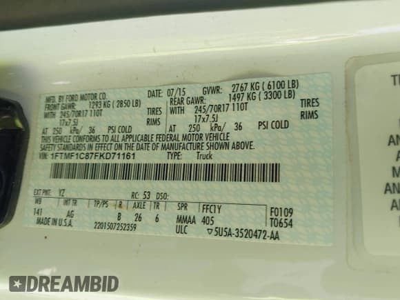 ✅ 2015 Ford F-150 XL • VIN: 1FTMF1C87FKD71161 • Lot: 42875188. Listed on IAAI with 137,069 mi. Free auction sales archive from the USA and detailed vehicle history report at DreamBid. Image 9.