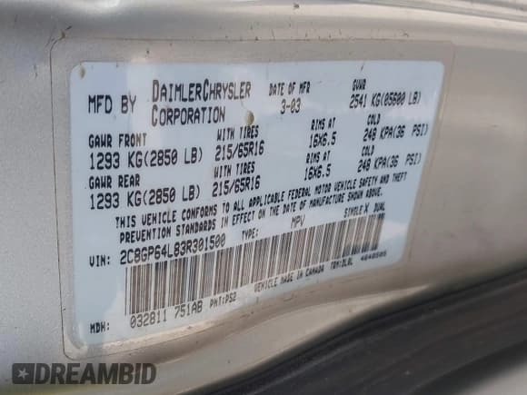 ✅ 2003 Chrysler Town & Country Limited • VIN: 2C8GP64L83R301500 • Lot: 42531444. Listed on IAAI with 152,252 mi. Free auction sales archive from the USA and detailed vehicle history report at DreamBid. Image 9.