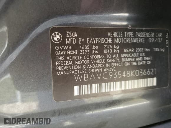 ✅ 2008 BMW 3 Series 328xi • VIN: WBAVC93548K036621 • Lot: 82310525. Listed on Copart with 141,592 mi. Free auction sales archive from the USA and detailed vehicle history report at DreamBid. Image 12.