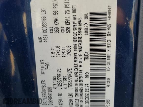 ✅ 2006 Dodge 3500 SLT • VIN: 3D7LL38C36G119174 • Lot: 59803535. Listed on Copart with 331,340 mi. Free auction sales archive from the USA and detailed vehicle history report at DreamBid. Image 13.