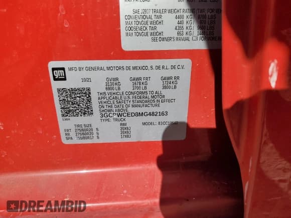 ✅ 2021 Chevrolet Silverado 1500 LT • VIN: 3GCPWCED8MG482163 • Lot: 73174004. Listed on Copart with 68,905 mi. Free auction sales archive from the USA and detailed vehicle history report at DreamBid. Image 13.