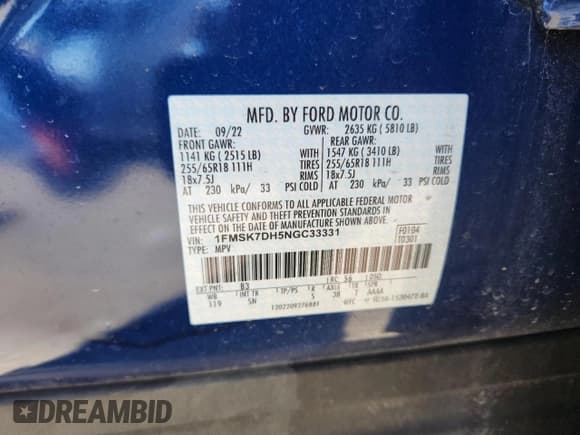 ✅ 2022 Ford Explorer XLT • VIN: 1FMSK7DH5NGC33331 • Лот: 87106045. Опубликован ранее на Copart с пробегом 24 541 миль. Бесплатный доступ к архиву аукционных продаж из США и подробный отчёт об истории автомобиля на DreamBid. Изображение 13.