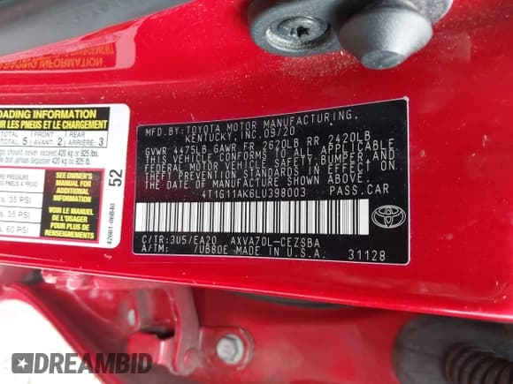 ✅ 2020 Toyota Camry SE • VIN: 4T1G11AK6LU398003 • Lot: 43399294. Wystawiony na IAAI z przebiegiem 56 918 mil. Bezpłatny archiwum sprzedaży aukcyjnych z USA i szczegółowy raport historii pojazdu na DreamBid. Zdjęcie 9.