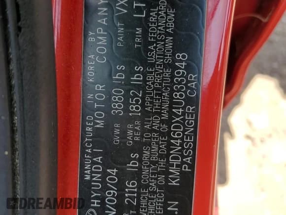 ✅ 2004 Hyundai Elantra GLS • VIN: KMHDN46DX4U833948 • Lot: 88258255. Wystawiony na Copart z przebiegiem 36 393 mil. Bezpłatny archiwum sprzedaży aukcyjnych z USA i szczegółowy raport historii pojazdu na DreamBid. Zdjęcie 13.