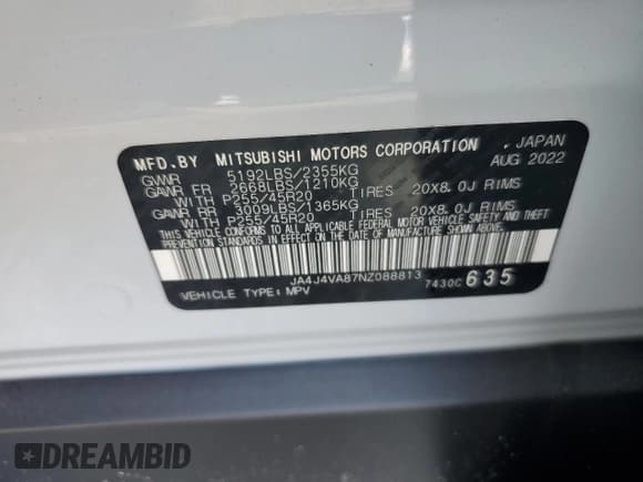 ✅ 2022 Mitsubishi Outlander SEL • VIN: JA4J4VA87NZ088813 • Lot: 70878455. Listed on Copart with 21,451 mi. Free auction sales archive from the USA and detailed vehicle history report at DreamBid. Image 12.