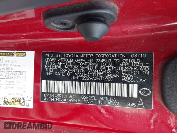 ✅ 2010 Lexus IS 250 C • VIN: JTHFF2C29A2511907 • Lot: 41995448. Listed on IAAI with 206,000 mi. Free auction sales archive from the USA and detailed vehicle history report at DreamBid. Image 9.