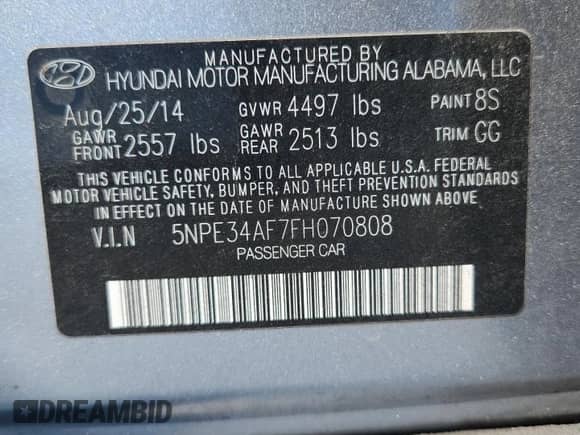 2015 Hyundai Sonata Limited with VIN 5NPE34AF7FH070808, listed as a Copart auction lot 86173255 with 111,945 mi miles and Salvage title. Bid and sale history available at DreamBid. Image 12.