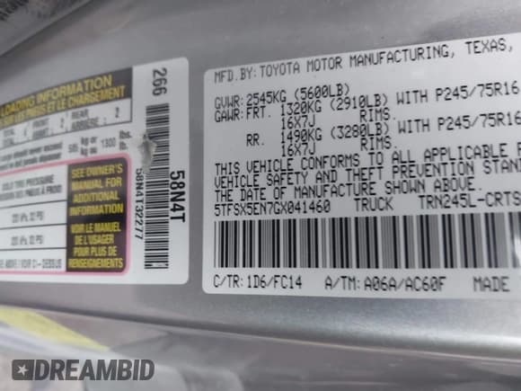 ✅ 2016 Toyota Tacoma SR • VIN: 5TFSX5EN7GX041460 • Lot: 41311306. Listed on IAAI with Not provided. Free auction sales archive from the USA and detailed vehicle history report at DreamBid. Image 9.