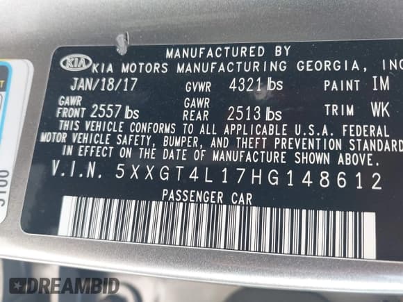 ✅ 2017 Kia Optima LX • VIN: 5XXGT4L17HG148612 • Lot: 43805511. Listed on IAAI with 95,637 mi. Free auction sales archive from the USA and detailed vehicle history report at DreamBid. Image 9.