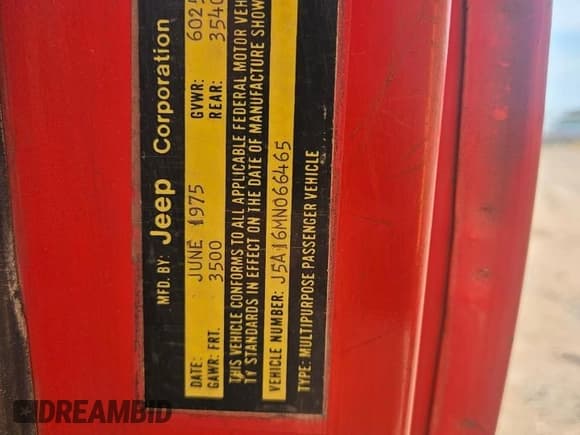 ✅ 1975 Jeep Cherokee • VIN: J5A16MN066465 • Lot: 56977005. Listed on Copart with 39,210 mi. Free auction sales archive from the USA and detailed vehicle history report at DreamBid. Image 10.