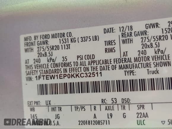 ✅ 2019 Ford F-150 XL • VIN: 1FTEW1EP0KKC32511 • Lot: 43377221. Listed on IAAI with 99,726 mi. Free auction sales archive from the USA and detailed vehicle history report at DreamBid. Image 9.