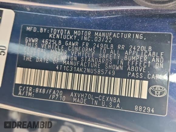 2022 Toyota Camry Hybrid LE с VIN 4T1C31AK2NU585749, выставлен на аукционе Copart как лот 81695655 с пробегом 38 072 миль миль и Списание • Salvage title. История ставок и продаж доступна на DreamBid. Изображение 12.