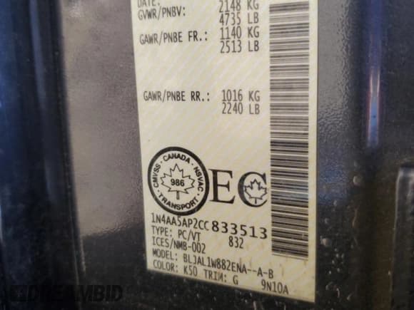 ✅ 2012 Nissan Maxima S • VIN: 1N4AA5AP2CC833513 • Lot: 69017865. Wystawiony na Copart z przebiegiem Nie podano. Bezpłatny archiwum sprzedaży aukcyjnych z USA i szczegółowy raport historii pojazdu na DreamBid. Zdjęcie 12.