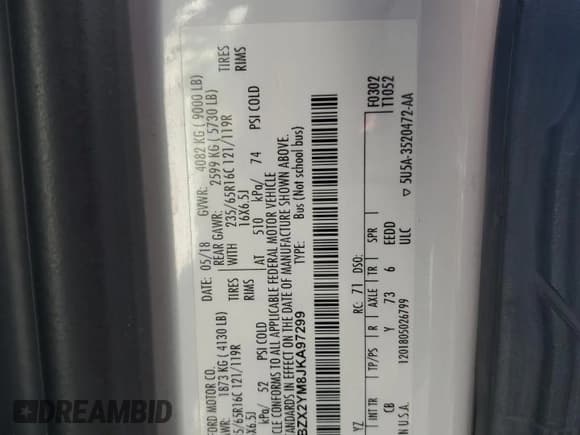 ✅ 2018 Ford Transit Passenger XL • VIN: 1FBZX2YM8JKA97299 • Lot: 53553115. Wystawiony na Copart z przebiegiem 101 532 mil. Bezpłatny archiwum sprzedaży aukcyjnych z USA i szczegółowy raport historii pojazdu na DreamBid. Zdjęcie 14.