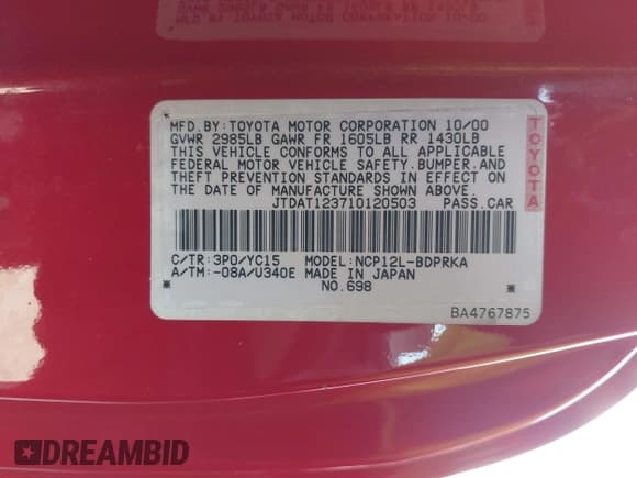 ✅ 2001 Toyota ECHO • VIN: JTDAT123710120503 • Лот: 42045009. Опубликован ранее на IAAI с пробегом 99 510 миль. Бесплатный доступ к архиву аукционных продаж из США и подробный отчёт об истории автомобиля на DreamBid. Изображение 9.