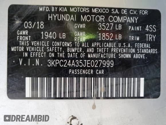 2018 Hyundai Accent SEL z VIN 3KPC24A35JE027999, wystawiony jako Copart lot #48286754 z przebiegiem 40 780 mil mil oraz Szkoda całkowita • Salvage title. Historia ofert i sprzedaży dostępna na DreamBid. Obrazek 12.