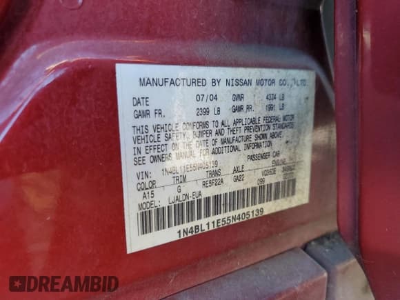 ✅ 2005 Nissan Altima SL • VIN: 1N4BL11E55N405139 • Lot: 66405145. Listed on Copart with 133,714 mi. Free auction sales archive from the USA and detailed vehicle history report at DreamBid. Image 12.