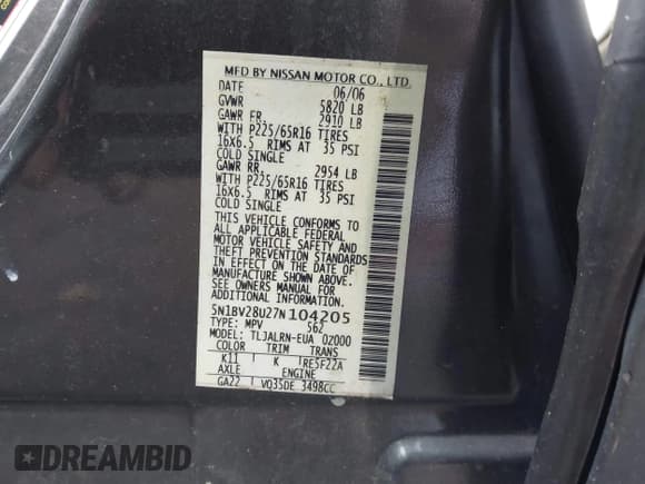 ✅ 2007 Nissan Quest • VIN: 5N1BV28U27N104205 • Lot: 41467982. Wystawiony na IAAI z przebiegiem 183 428 mil. Bezpłatny archiwum sprzedaży aukcyjnych z USA i szczegółowy raport historii pojazdu na DreamBid. Zdjęcie 9.