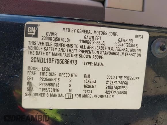 ✅ 2005 Chevrolet Equinox LS • VIN: 2CNDL13F756086478 • Лот: 42250274. Опубликован ранее на IAAI с пробегом 200 425 миль. Бесплатный доступ к архиву аукционных продаж из США и подробный отчёт об истории автомобиля на DreamBid. Изображение 9.