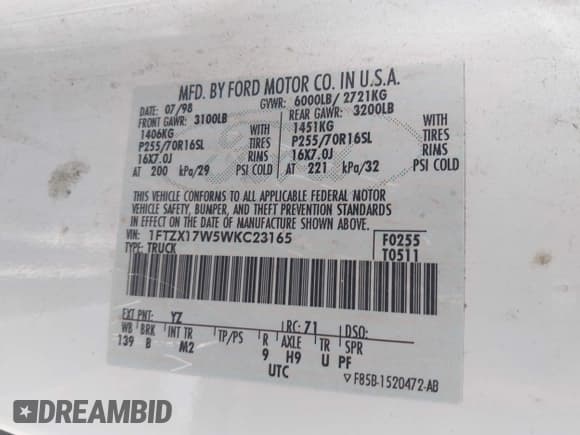 ✅ 1998 Ford F-150 • VIN: 1FTZX17W5WKC23165 • Lot: 43772135. Wystawiony na IAAI z przebiegiem 176 818 mil. Bezpłatny archiwum sprzedaży aukcyjnych z USA i szczegółowy raport historii pojazdu na DreamBid. Zdjęcie 9.