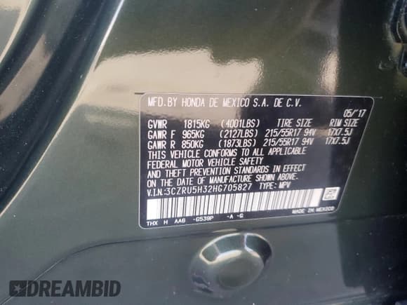 ✅ 2017 Honda HR-V LX • VIN: 3CZRU5H32HG705827 • Lot: 90861535. Listed on Copart with 99,361 mi. Free auction sales archive from the USA and detailed vehicle history report at DreamBid. Image 12.