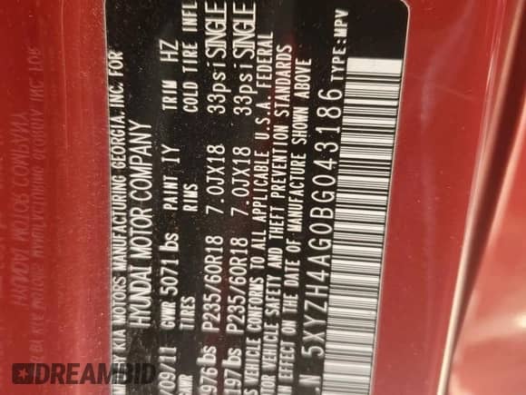 2011 Hyundai Santa Fe SE с VIN 5XYZH4AG0BG043186, выставлен на аукционе Copart как лот 74242664 с пробегом Не указан миль и Списание • Salvage title. История ставок и продаж доступна на DreamBid. Изображение 14.