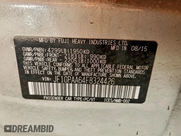 ✅ 2015 Subaru Impreza 2.0i • VIN: JF1GPAA64F8324426 • Lot: 95404305. Wystawiony na Copart z przebiegiem 127 980 mil. Bezpłatny archiwum sprzedaży aukcyjnych z USA i szczegółowy raport historii pojazdu na DreamBid. Zdjęcie 12.