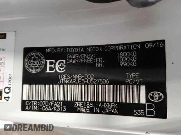 ✅ 2017 Toyota Corolla • VIN: JTNKARJE5HJ527506 • Lot: 91740875. Listed on Copart with 263,964 mi. Free auction sales archive from the USA and detailed vehicle history report at DreamBid. Image 13.