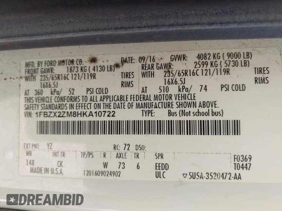 ✅ 2017 Ford Transit XL • VIN: 1FBZX2ZM8HKA10722 • Lot: 42993074. Wystawiony na IAAI z przebiegiem 150 411 mil. Bezpłatny archiwum sprzedaży aukcyjnych z USA i szczegółowy raport historii pojazdu na DreamBid. Zdjęcie 9.